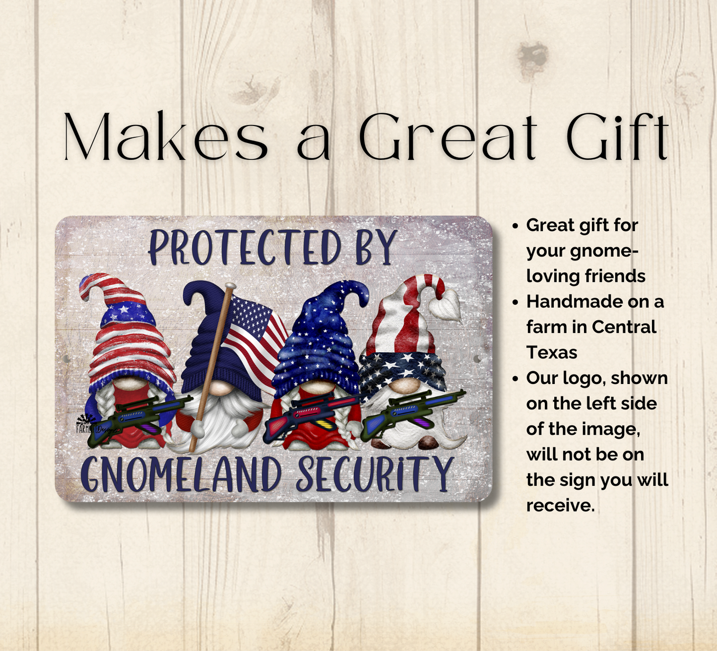 Gnomeland Security Protected by Gnomes Patriotic American metal tin gnome wall art