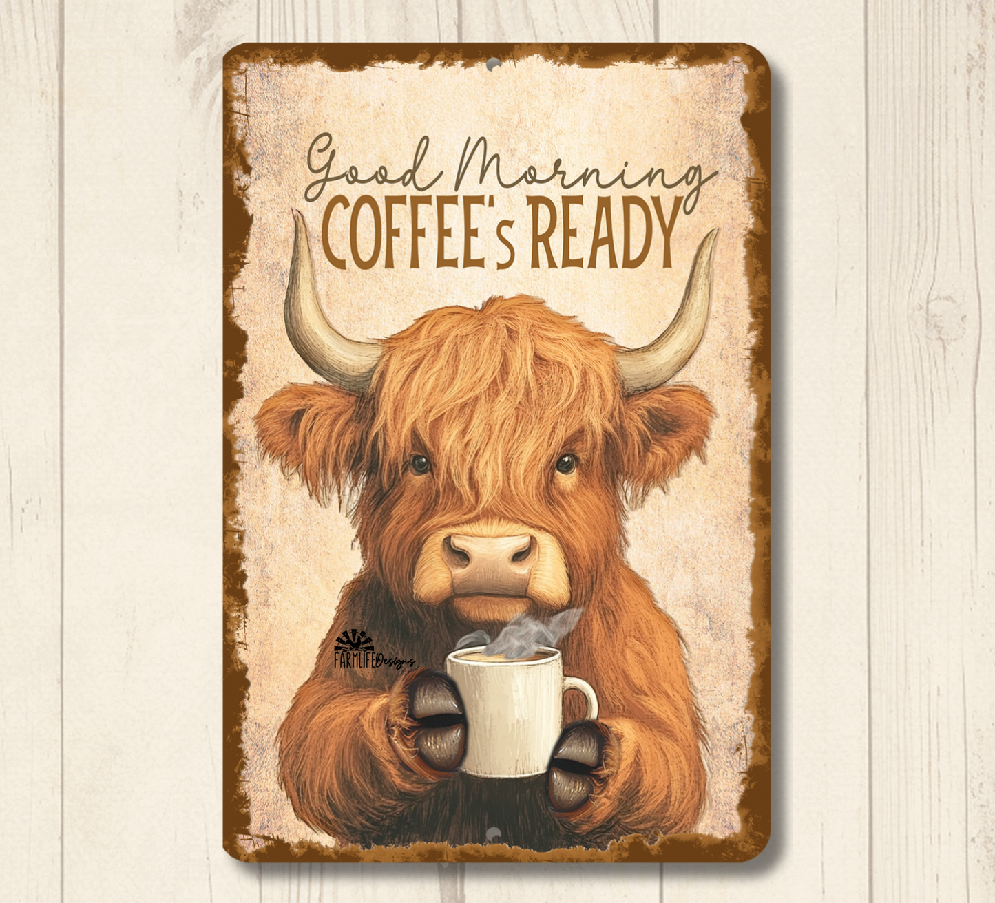 Highland Cow Coffee Bar Sign Coffee's Ready fluffy cows metal tin 2 sizes