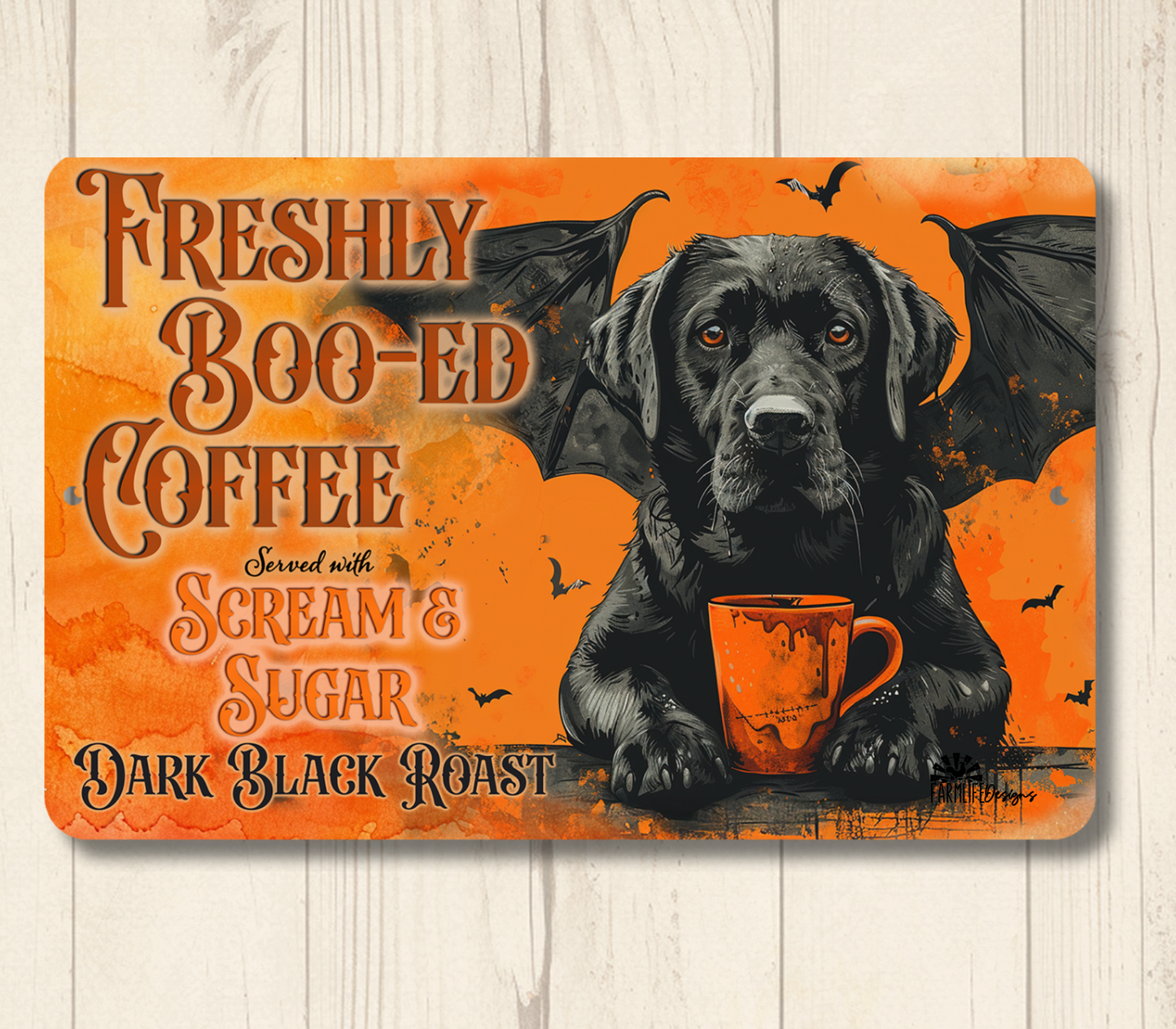 Black Lab Halloween Coffee Bar Funny Metal Tin Sign Fresh Boo-ed Coffee Labrador