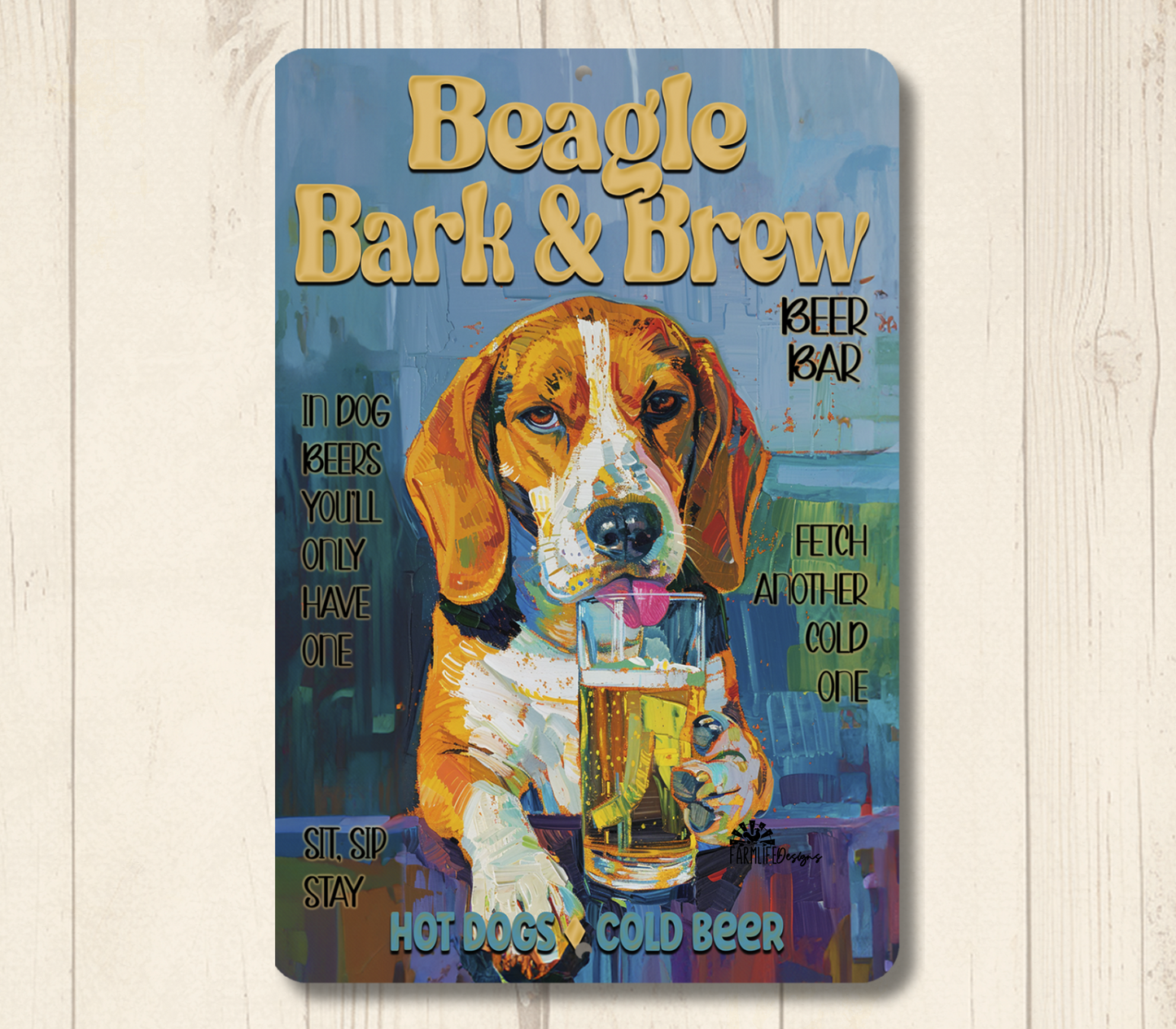 Beagle Beer Bar Sign, Bark and Brew pub metal tin dog wall art