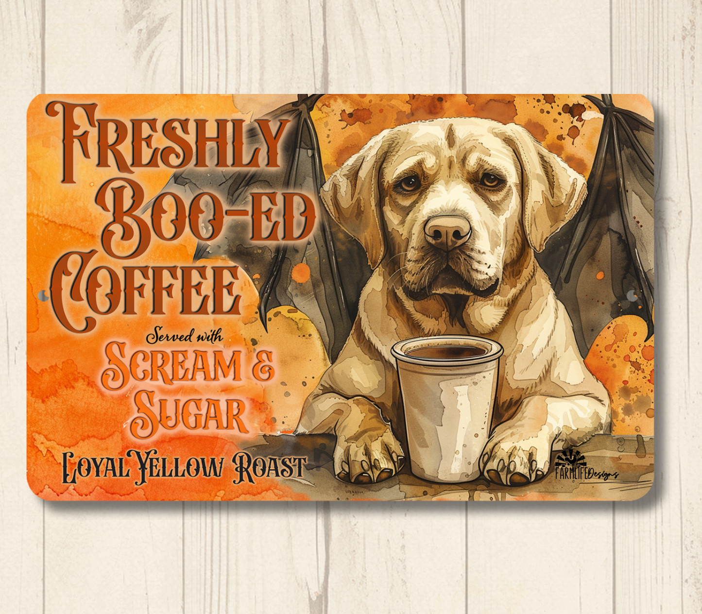 Yellow Lab Halloween Coffee Bar Funny Metal Tin Sign Fresh Boo-ed Coffee Labrador