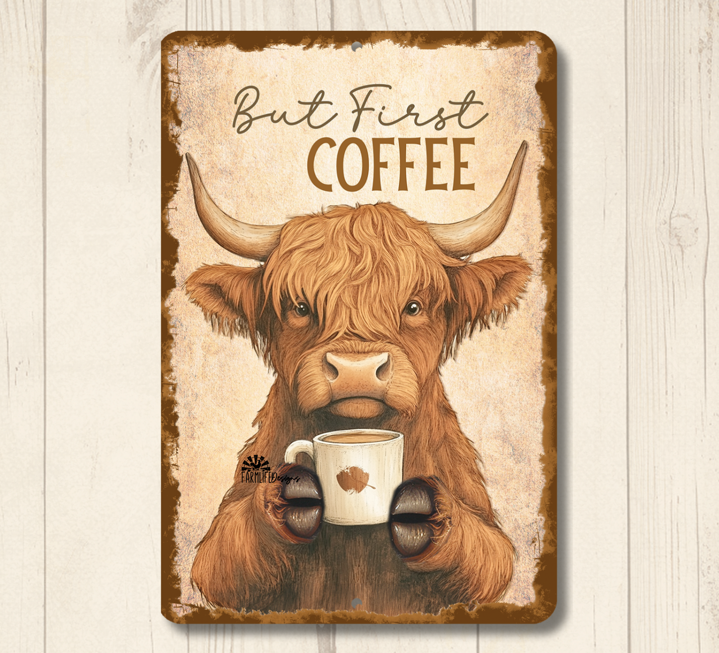 Highland Cow Coffee Bar Sign But First Coffee fluffy cows metal tin 2 sizes