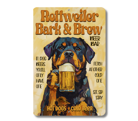 Rottweiler Beer Bar Sign, Bark and Brew pub metal tin dog wall art