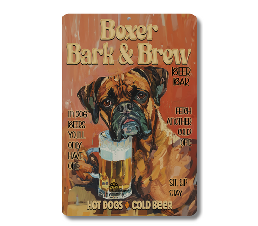 Boxer Beer Bar Sign, Bark and Brew pub metal tin dog wall art