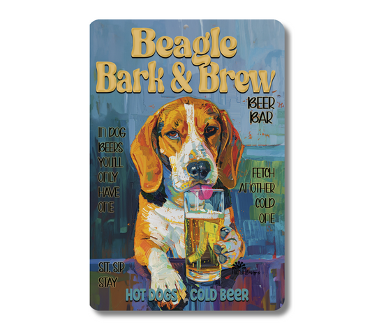 Beagle Beer Bar Sign, Bark and Brew pub metal tin dog wall art