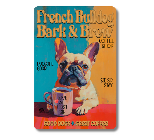 French Bulldog Coffee Bar Sign Bull Dog Bark & Brew Metal Tin