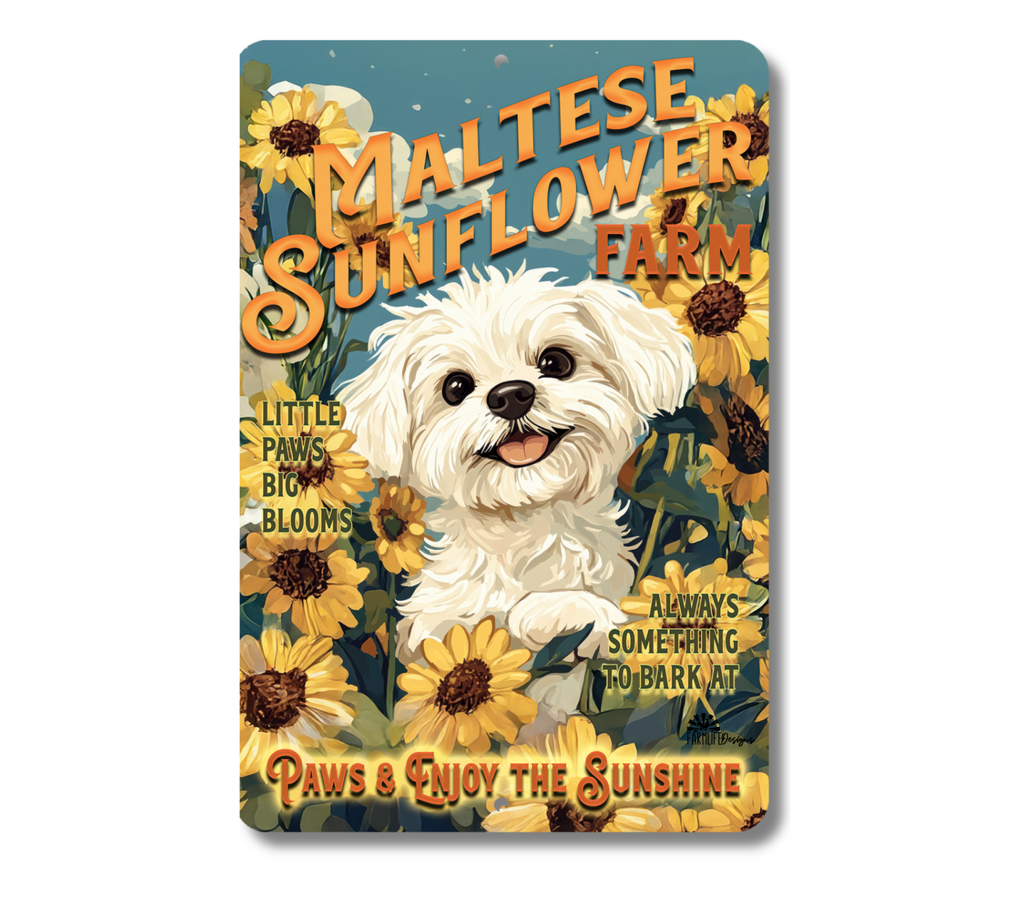 Maltese Sunflower Farm Sign Dog Metal Tin