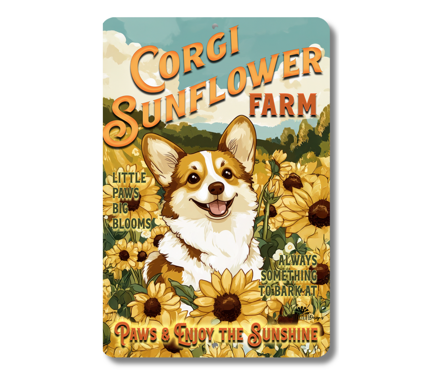 Corgi Sunflower Farm Sign Dog Metal Tin