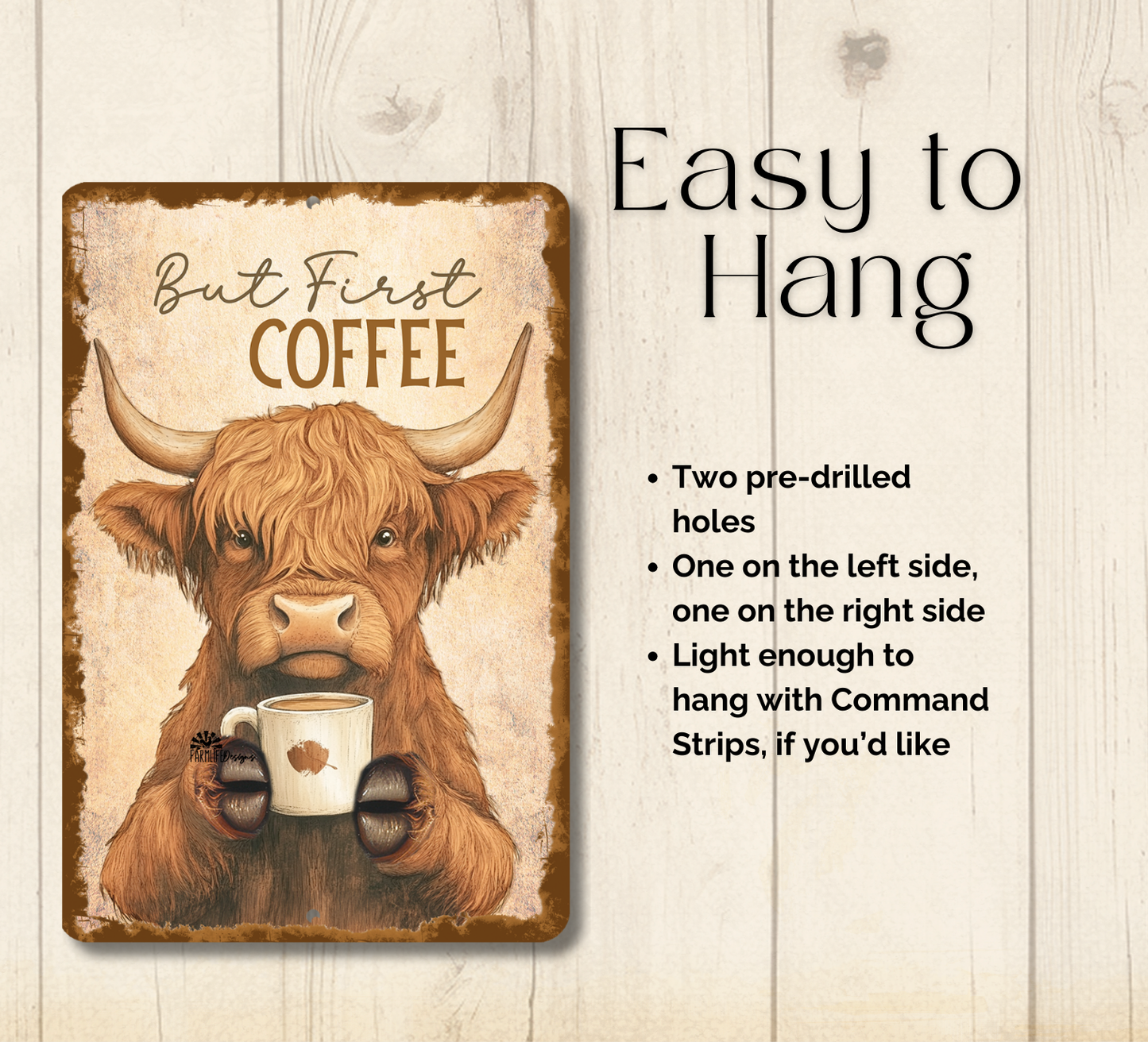 Highland Cow Coffee Bar Sign But First Coffee fluffy cows metal tin 2 sizes