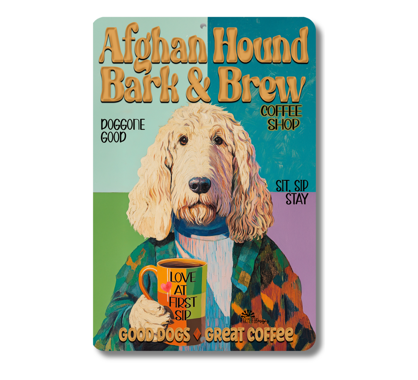 Afghan Hound Coffee Bar Sign Dog Bark & Brew Metal Tin