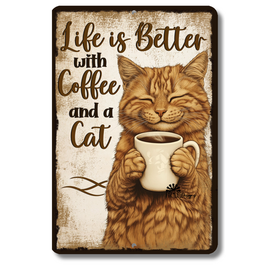 Cat Sign, Life is Better with Coffee and a Cat metal tin