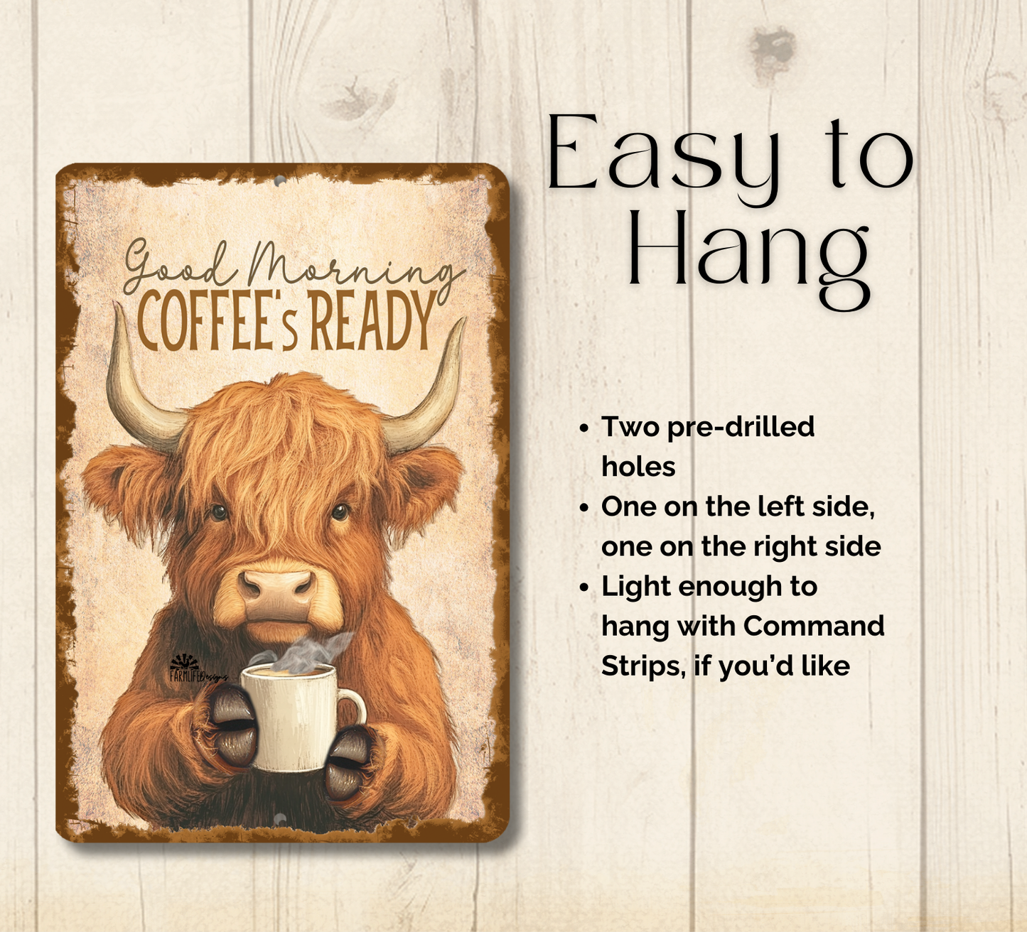Highland Cow Coffee Bar Sign Coffee's Ready fluffy cows metal tin 2 sizes
