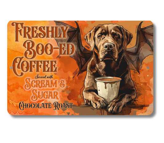 Chocolate Lab Halloween Coffee Bar Funny Metal Tin Sign Fresh Boo-ed Coffee Labrador