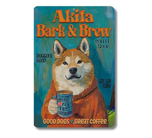 Akita Coffee Bar Sign Bark & Brew Dog Metal Tin