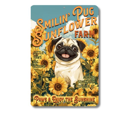 Pug Sunflower Farm Sign Dog Metal Tin