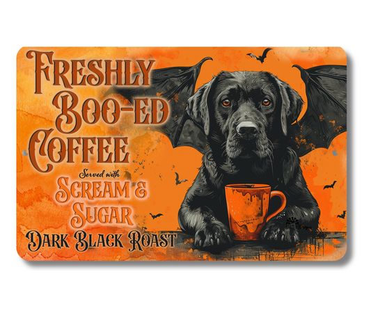 Black Lab Halloween Coffee Bar Funny Metal Tin Sign Fresh Boo-ed Coffee Labrador