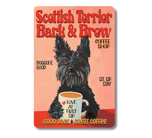 Scottish Terrier Coffee Bar Sign Scottie Dog Bark & Brew Metal Tin