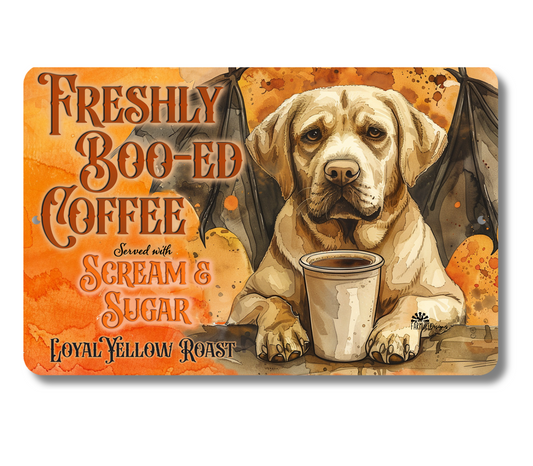 Yellow Lab Halloween Coffee Bar Funny Metal Tin Sign Fresh Boo-ed Coffee Labrador