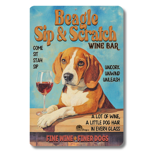 Beagle Wine Bar Sign, Sip & Scratch pub metal tin dog wall art