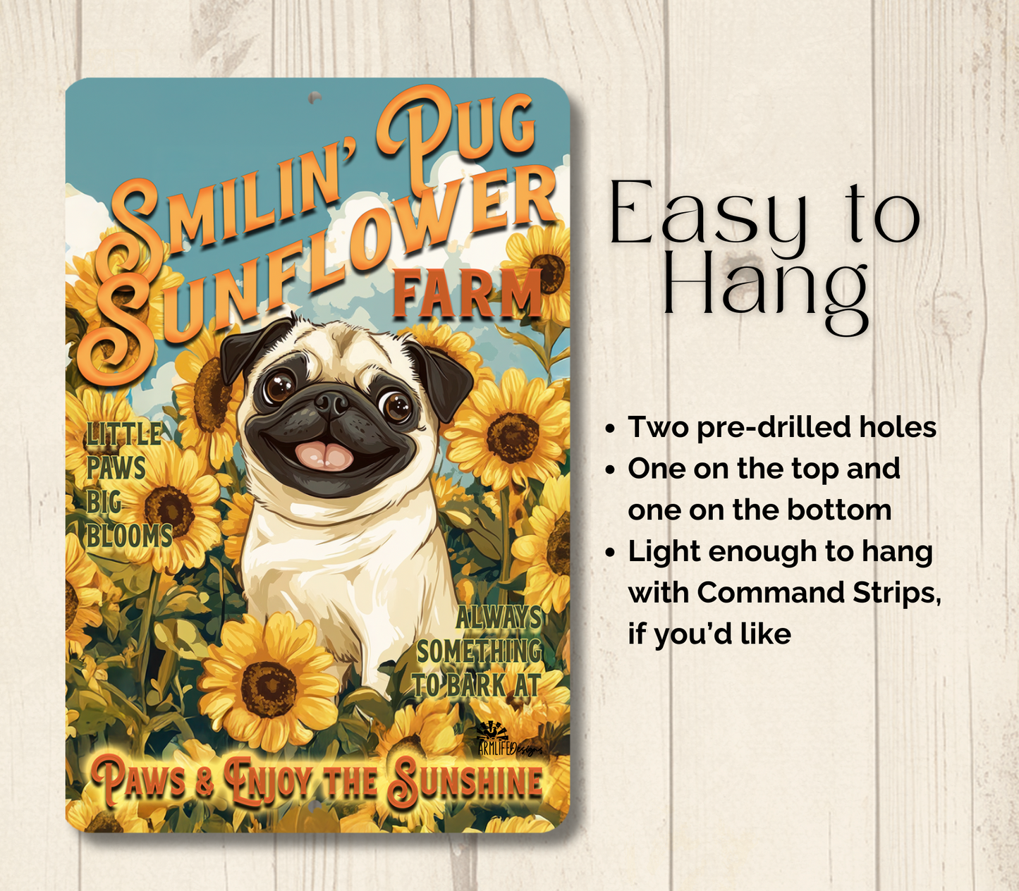 Pug Sunflower Farm Sign Dog Metal Tin