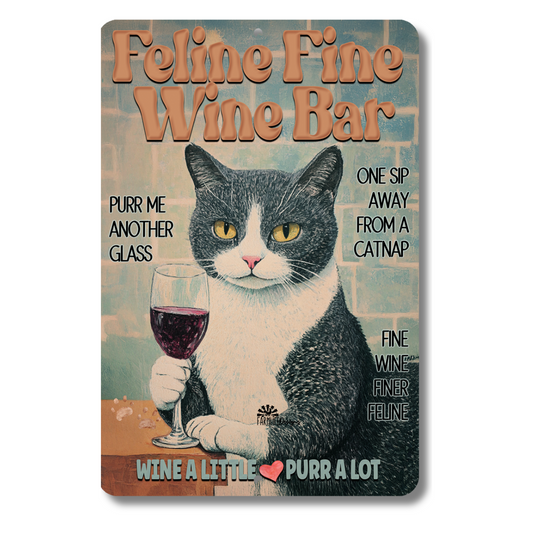 Gray Tabby Cat Feline Fine Wine Bar Sign, Sip & Scratch pub metal tin kitty wall art