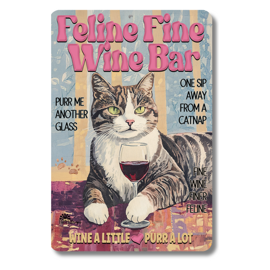 Gray Tabby Cat Feline Fine Wine Bar Sign, Sip & Scratch pub metal tin kitty wall art
