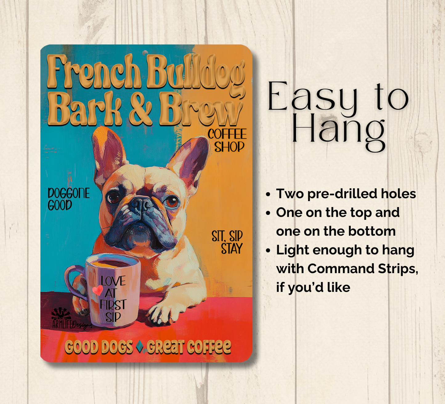 French Bulldog Coffee Bar Sign Bull Dog Bark & Brew Metal Tin