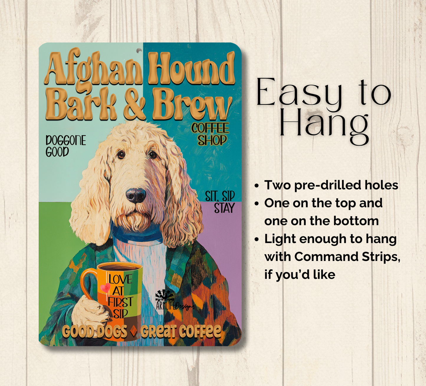 Afghan Hound Coffee Bar Sign Dog Bark & Brew Metal Tin