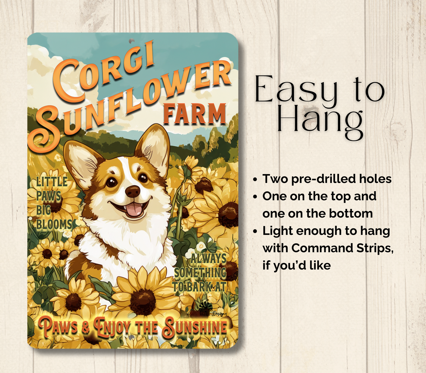 Corgi Sunflower Farm Sign Dog Metal Tin