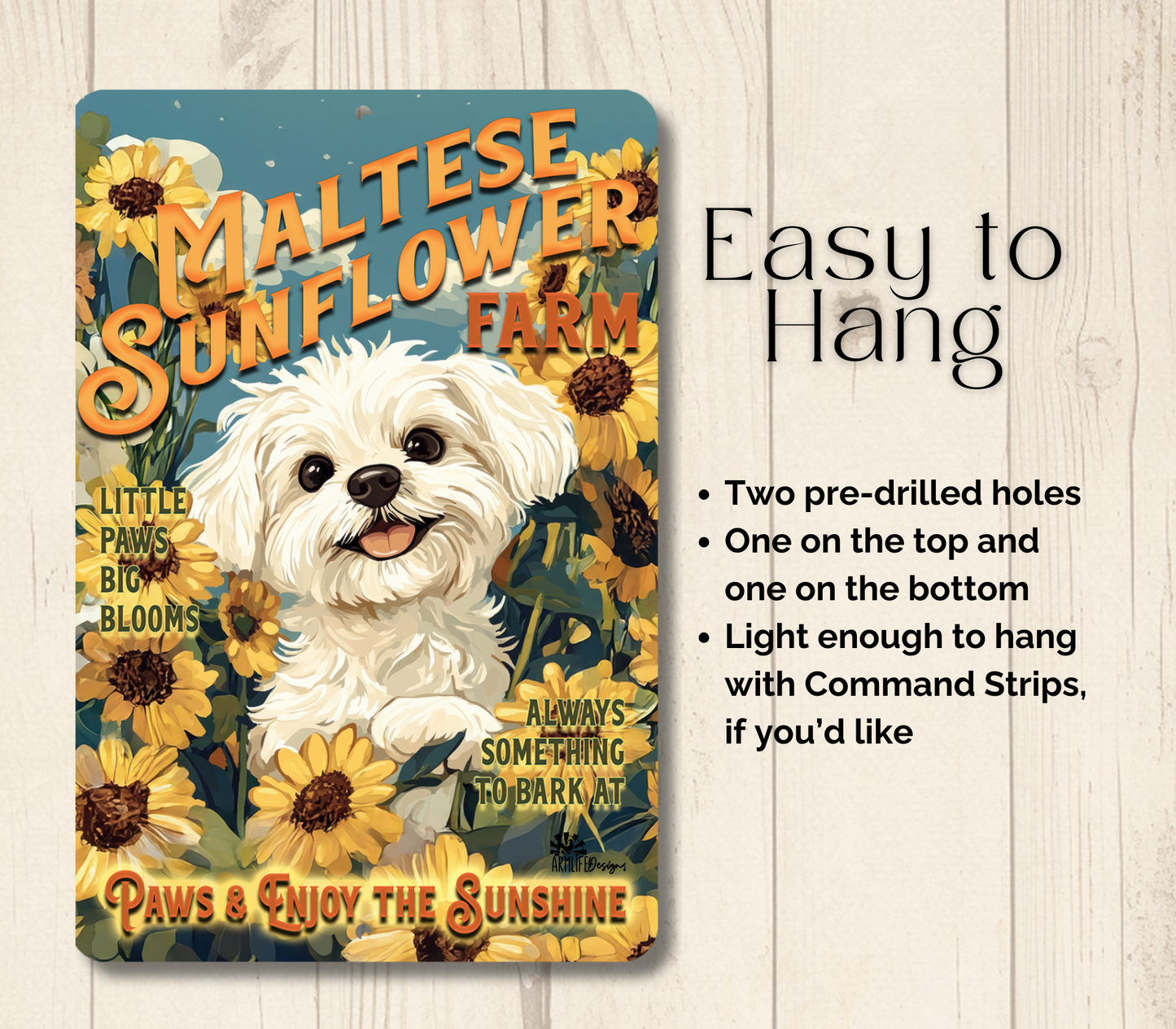 Maltese Sunflower Farm Sign Dog Metal Tin