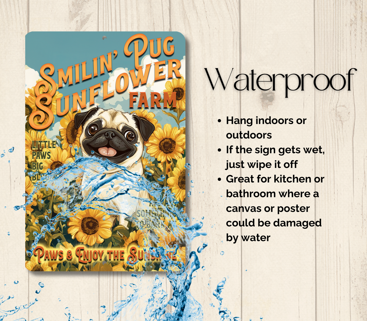 Pug Sunflower Farm Sign Dog Metal Tin