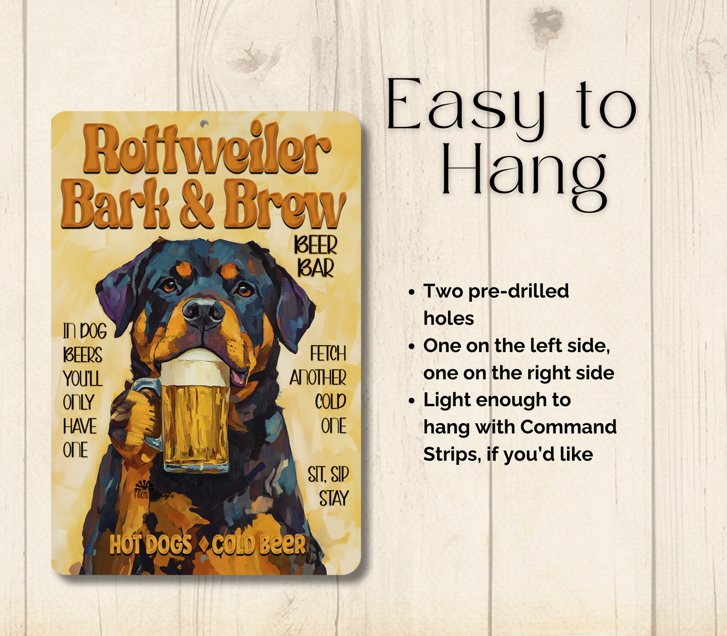 Rottweiler Beer Bar Sign, Bark and Brew pub metal tin dog wall art
