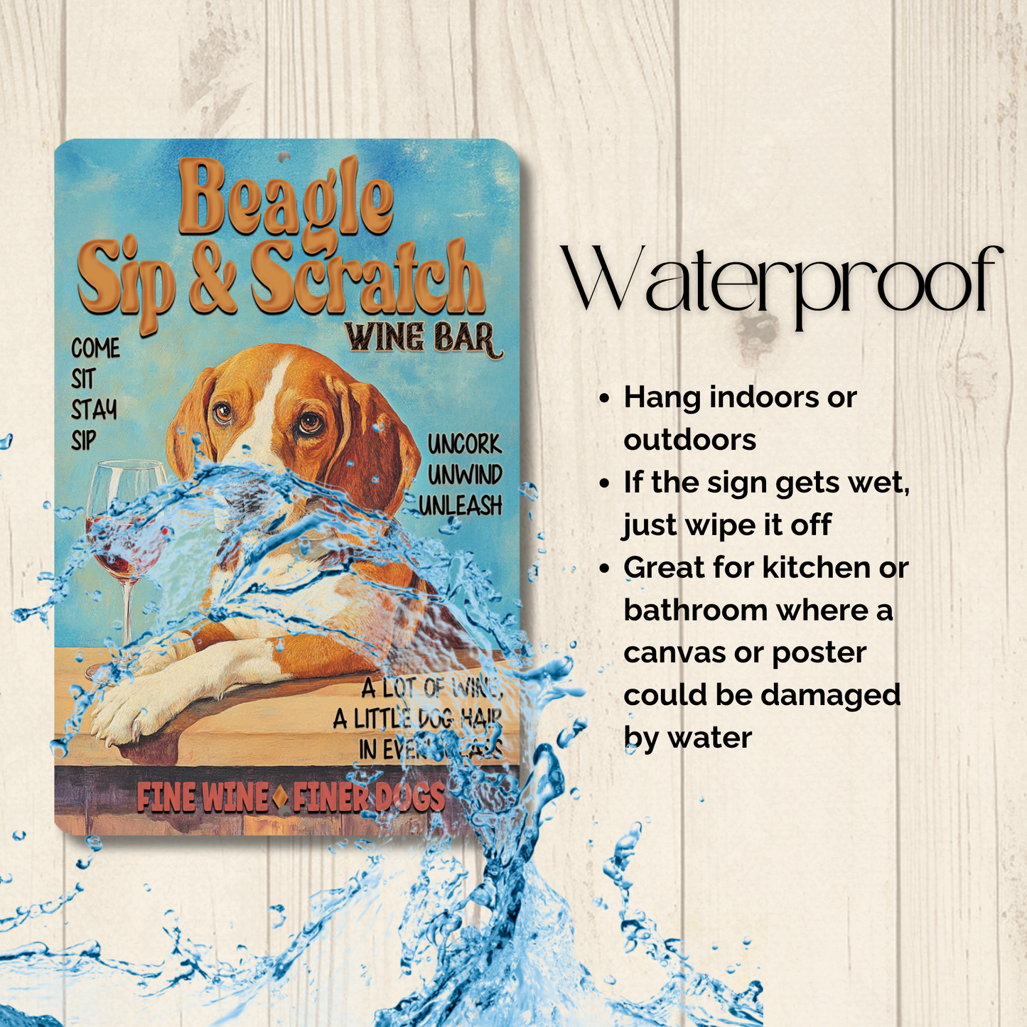 Beagle Wine Bar Sign, Sip & Scratch pub metal tin dog wall art