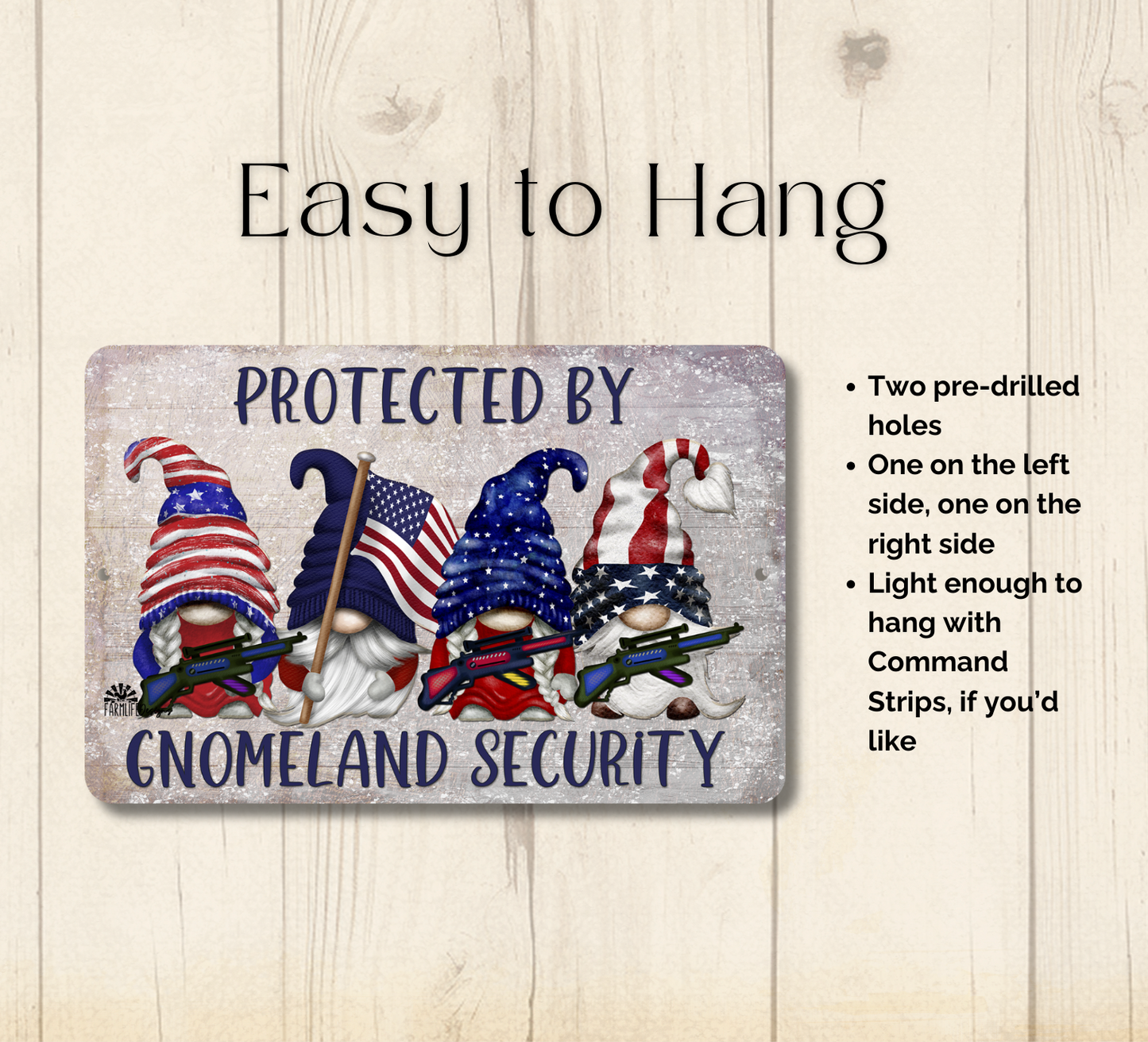 Gnomeland Security Protected by Gnomes Patriotic American metal tin gnome wall art