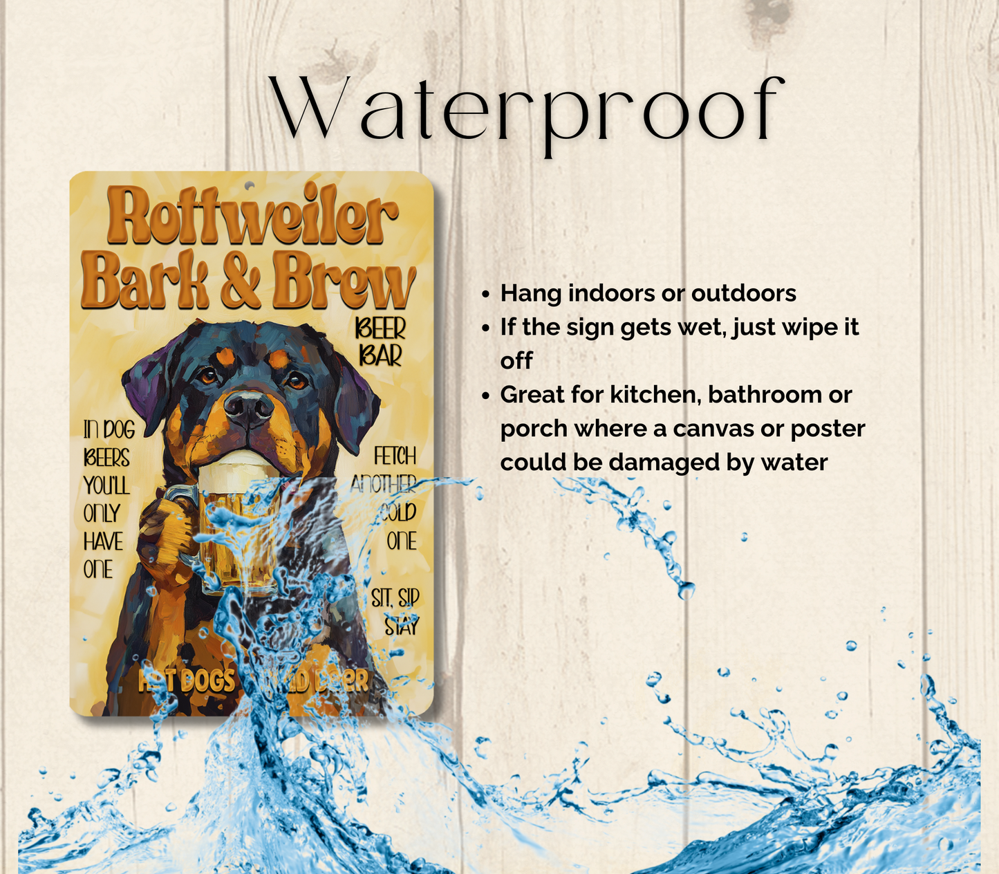 Rottweiler Beer Bar Sign, Bark and Brew pub metal tin dog wall art