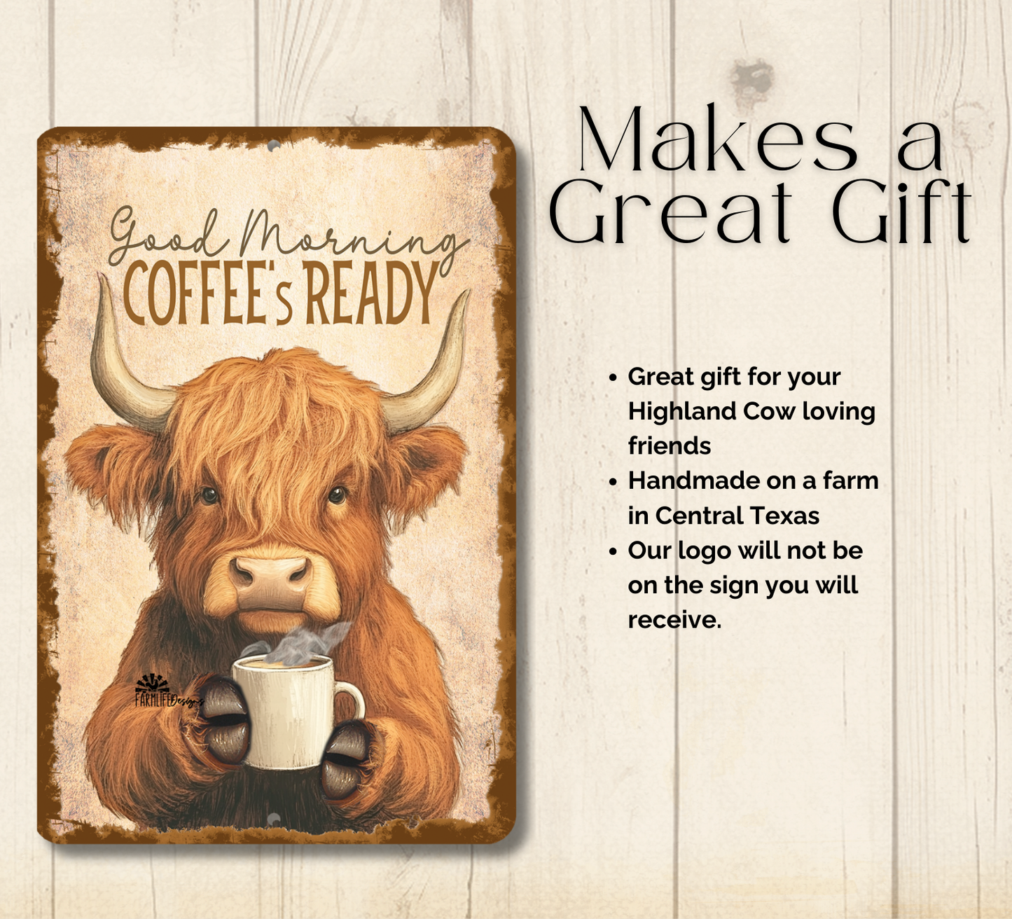 Highland Cow Coffee Bar Sign Coffee's Ready fluffy cows metal tin 2 sizes