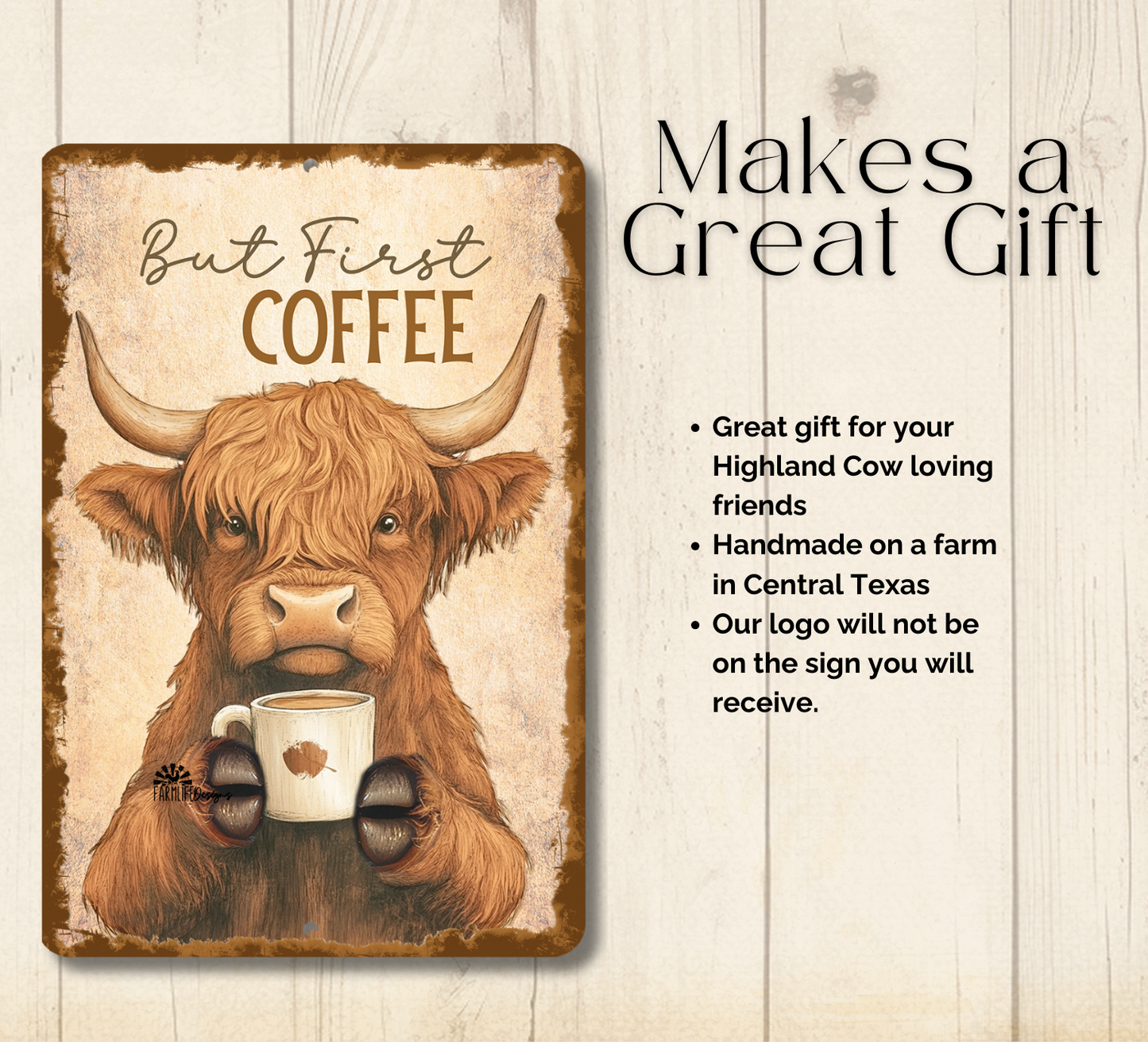 Highland Cow Coffee Bar Sign But First Coffee fluffy cows metal tin 2 sizes