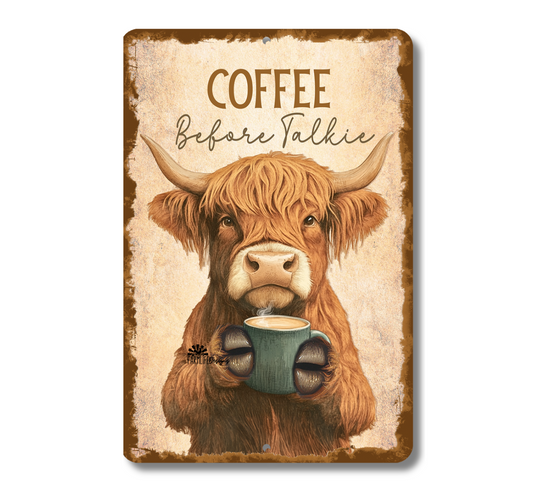 Highland Cow Coffee Bar Sign Coffee Before Talkie fluffy cows metal tin 2 sizes