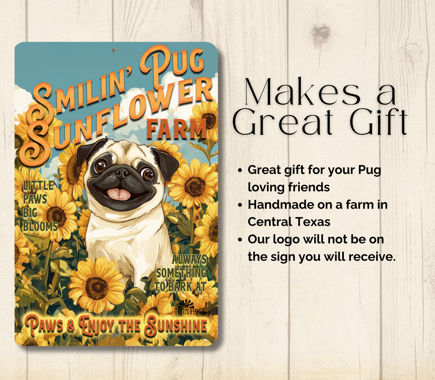 Pug Sunflower Farm Sign Dog Metal Tin