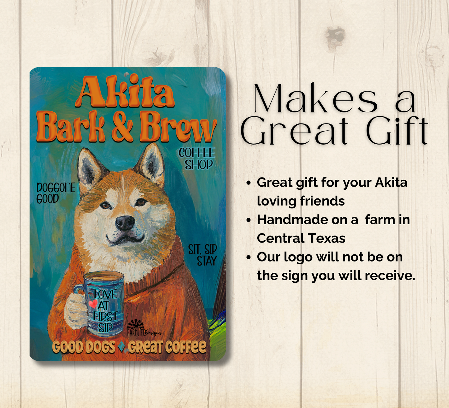 Akita Coffee Bar Sign Bark & Brew Dog Metal Tin