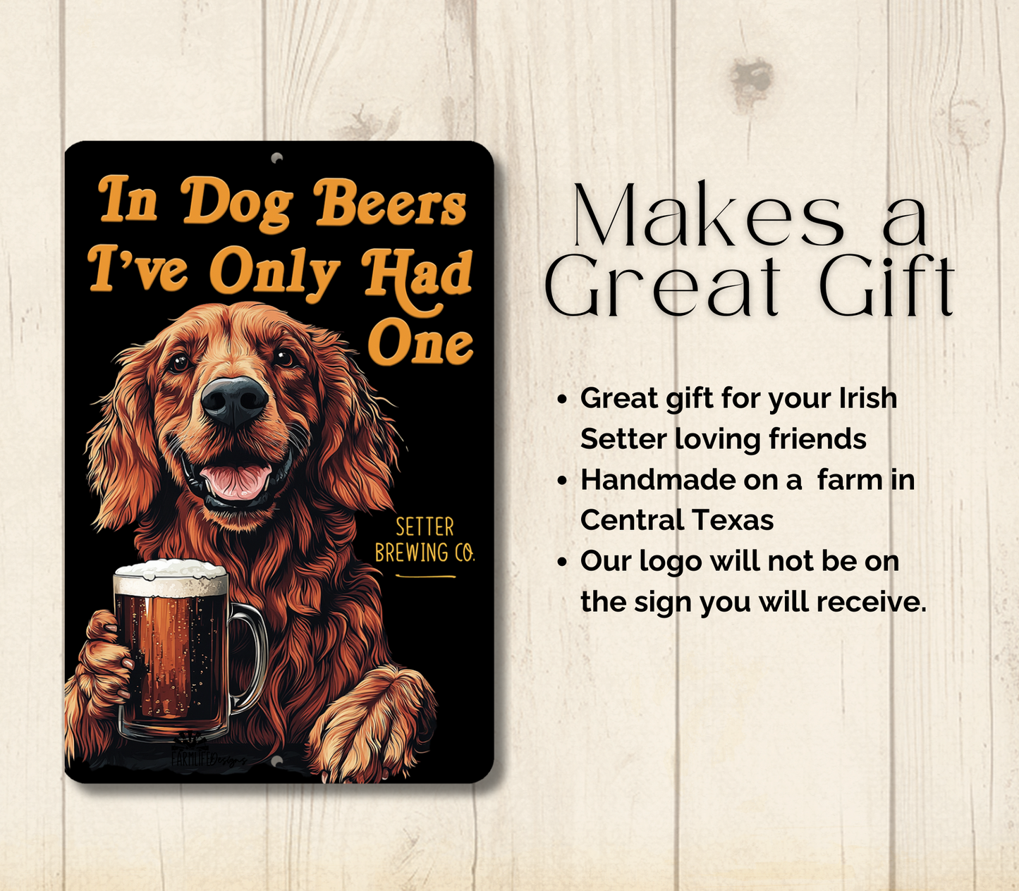 Irish Setter Sign In Dog Beers funny man cave bar metal tin