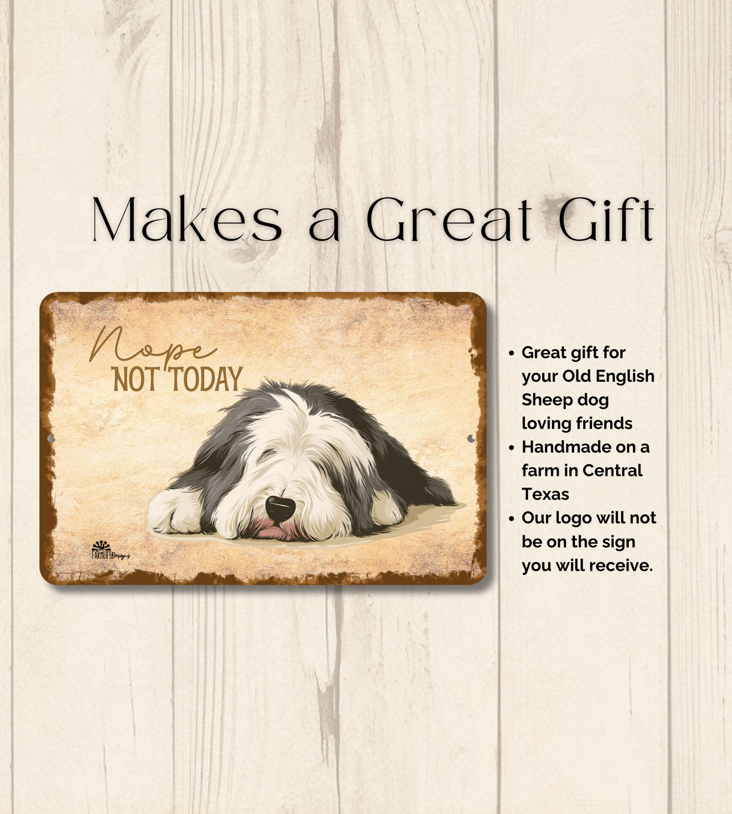 Old English Sheepdog Sign Nope Not Today Funny Dog metal tin wall art