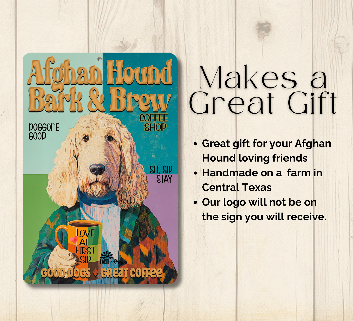 Afghan Hound Coffee Bar Sign Dog Bark & Brew Metal Tin