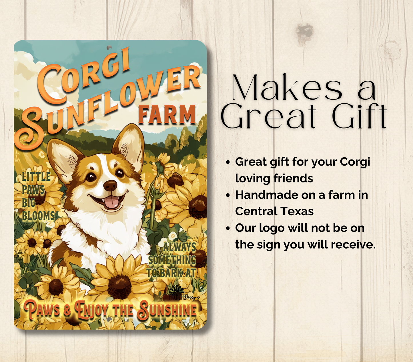 Corgi Sunflower Farm Sign Dog Metal Tin