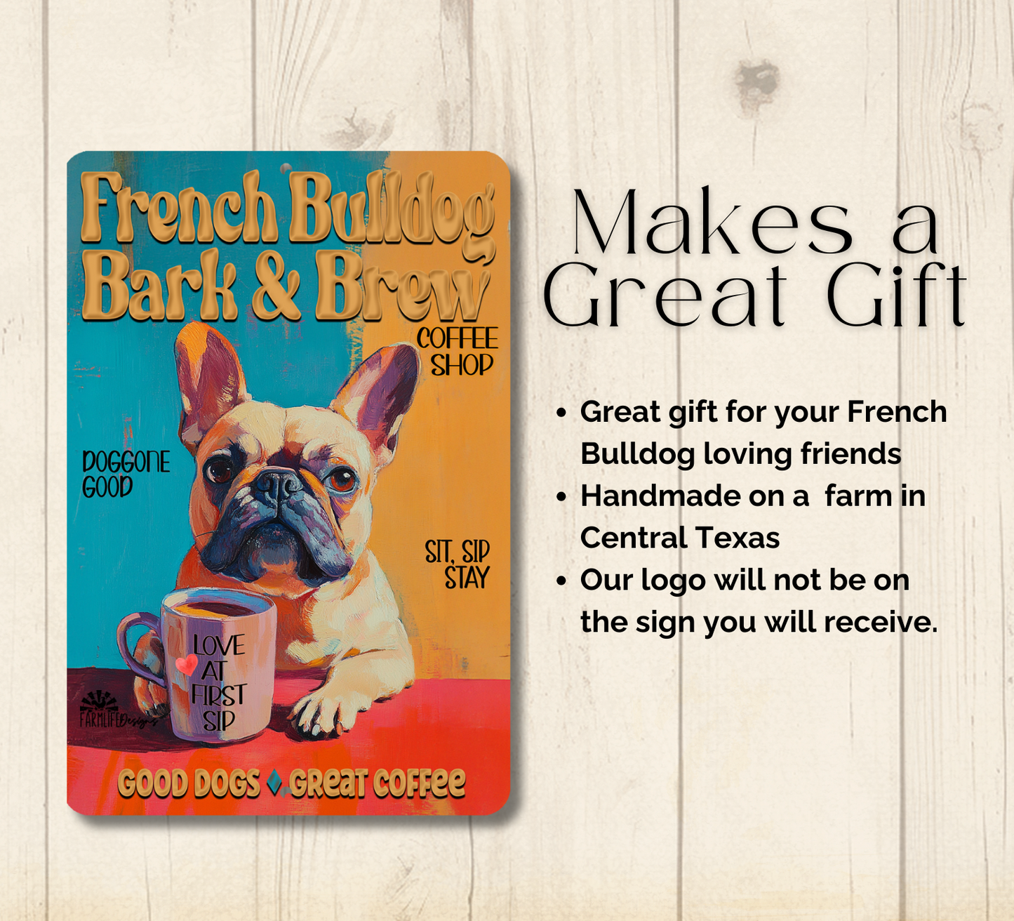 French Bulldog Coffee Bar Sign Bull Dog Bark & Brew Metal Tin