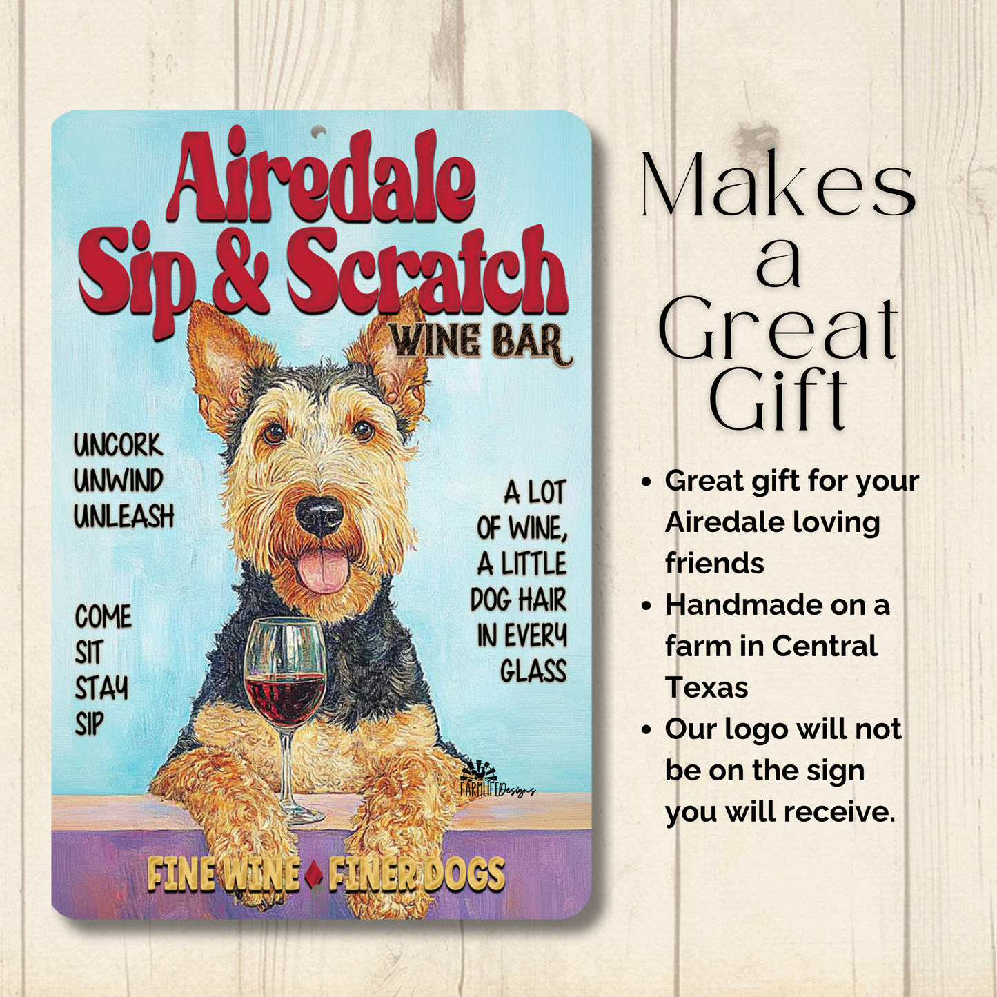 Airedale Wine Bar Sign Sip & Scratch Dog Metal Tin Wall Art