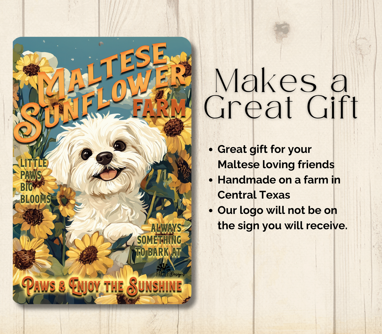 Maltese Sunflower Farm Sign Dog Metal Tin