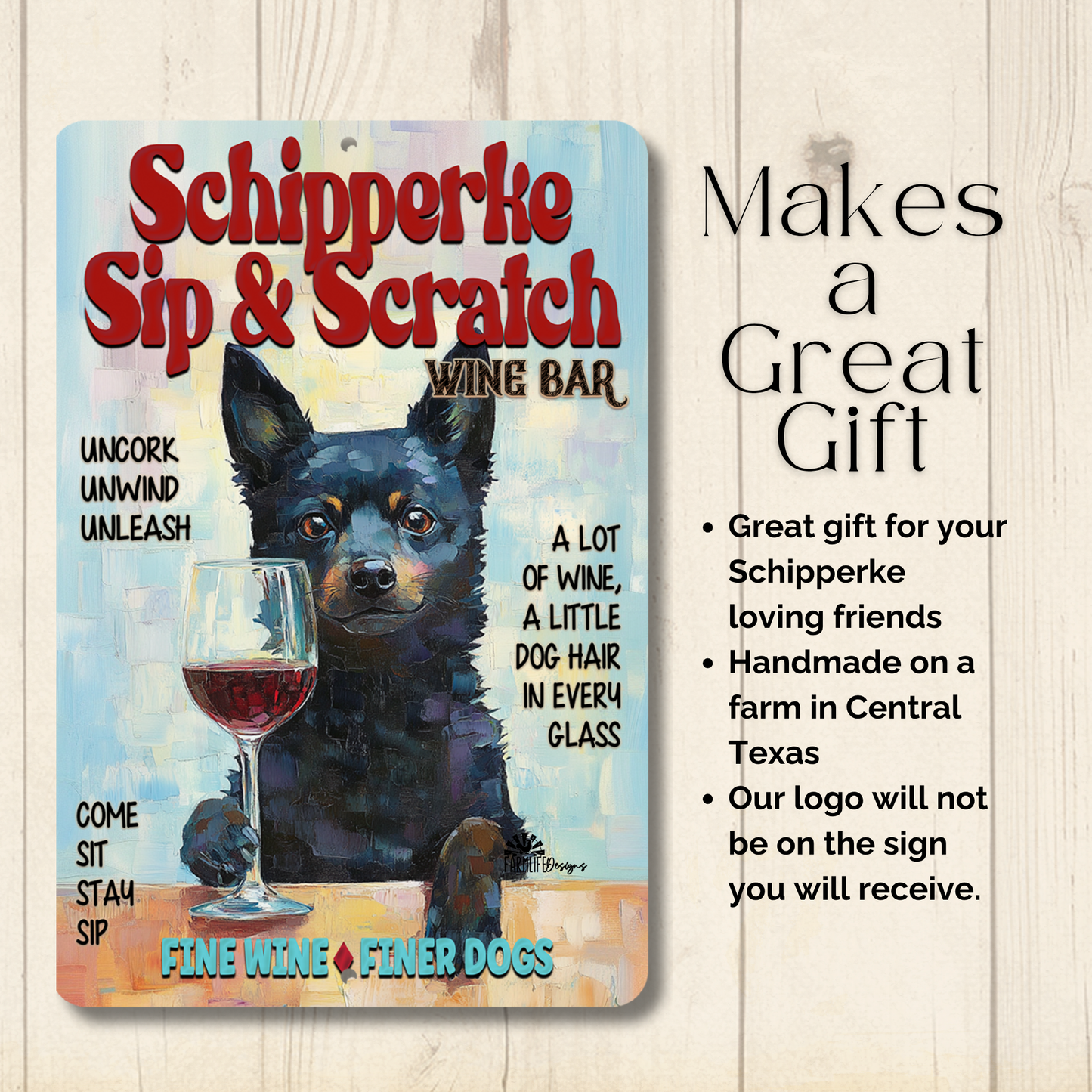 Schipperke Wine Bar Sign Sip & Scratch Dog Metal Tin Wall Art