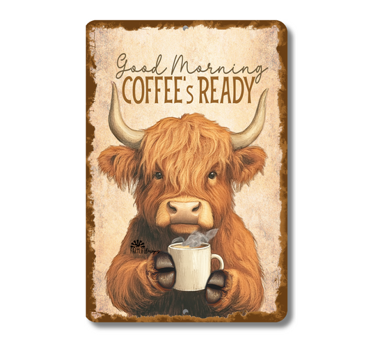 Highland Cow Coffee Bar Sign Coffee's Ready fluffy cows metal tin 2 sizes