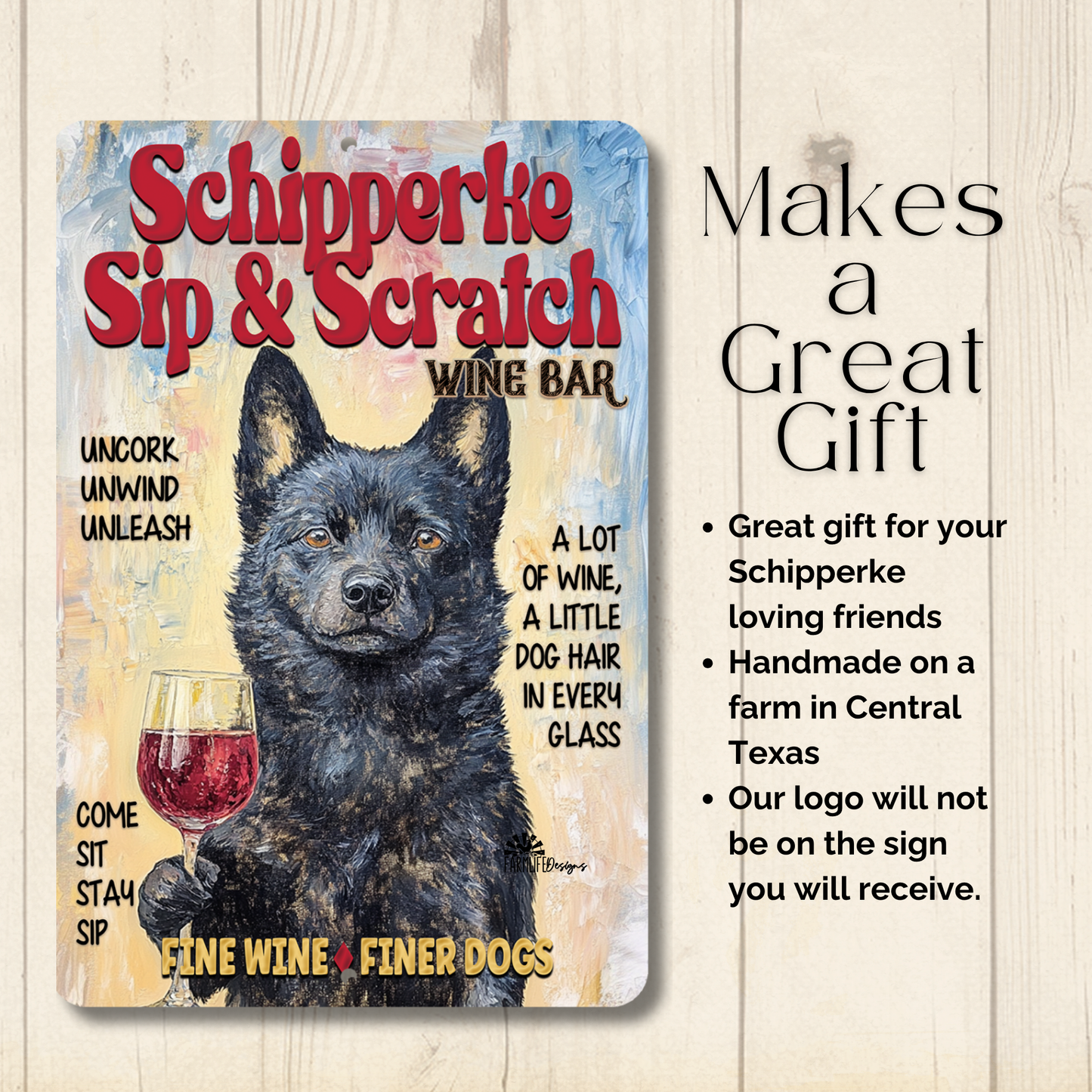 Schipperke Wine Bar Sign Sip & Scratch Dog Metal Tin Wall Art